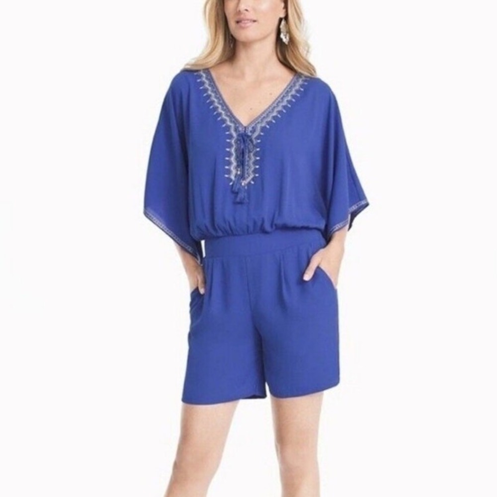 White House Black Market Blue Embroidered Romper Size 0 Boho Glam‎ Summer Beach